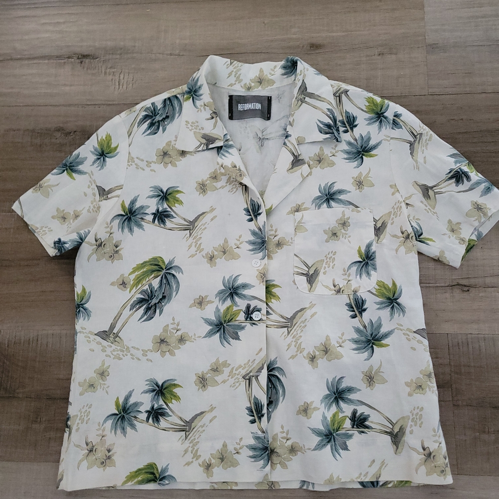 Reformation Palm Print Womans Shirt - Green and Blue
